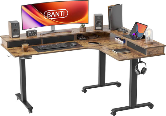 Triple Motor 63" L-Shape Standing Desk with 3 Drawers, Height Adjustable Electric Standing Game Table, Corner Standing Table, Home Office Standing Table, Rustic Brown Top