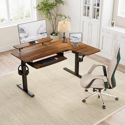 Standing Desk Electric Adjustable Height (61"X43") Computer Desk with Keyboard Tray Sit Stand Desk L Shaped Desk for Work/Home Office,Dual Motor,Memory Presets,2 Usb/Rgb,Walnut/Right