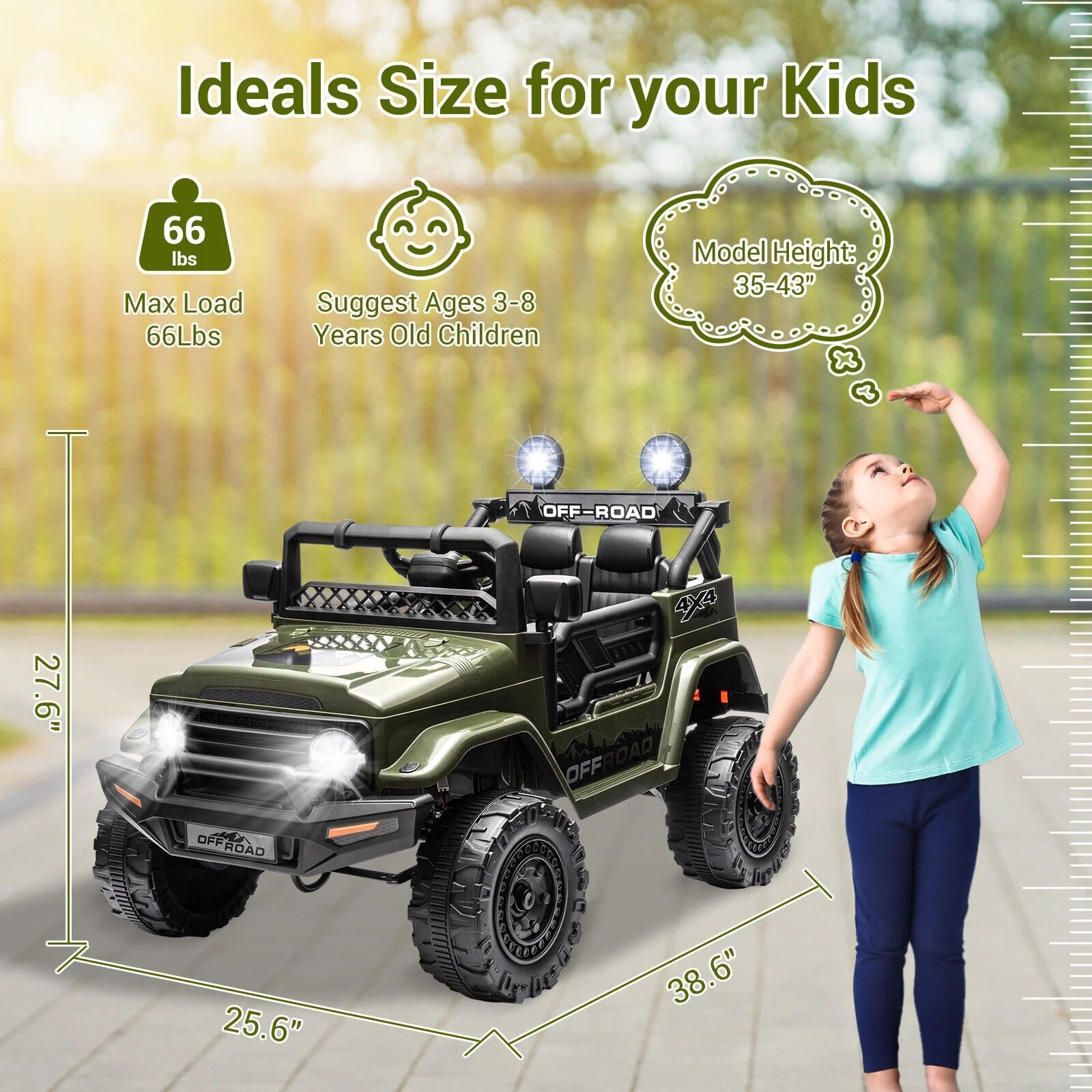 12V Kids Ride on Jeep, 12V 7AH Battery Powered Rechargeable Ride on Truck Car Electric Off-Road Tires Vehicle Jeep Toy, 2-Way Control with Control Remote, 2-Seater, MP3, LED Lights, Green