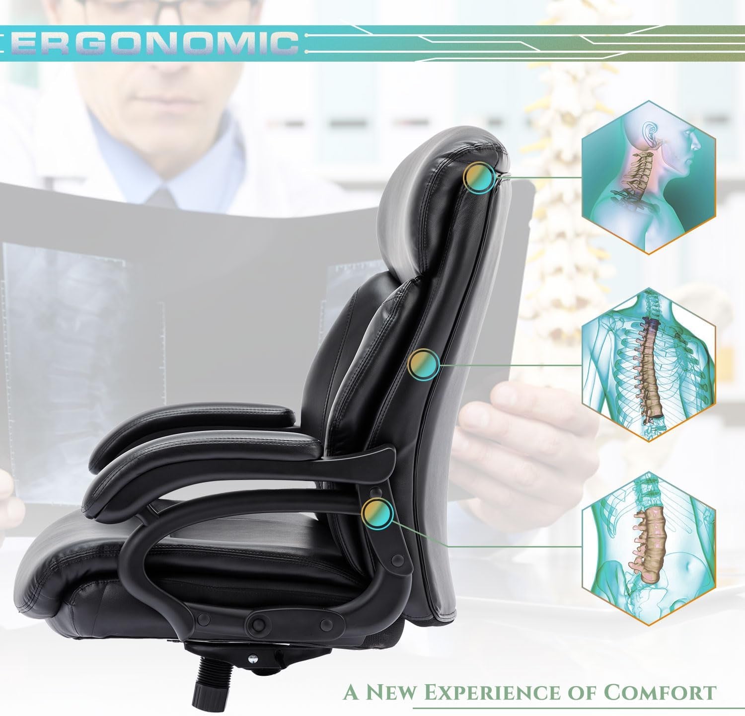 Big and Tall Office Chair 400Lbs-Heavy Duty Executive Desk Chair with Extra Wide Seat, High Back Ergonomic Leather Computer Chair with Tilt Rock&Tension, Padded Armrests-Black