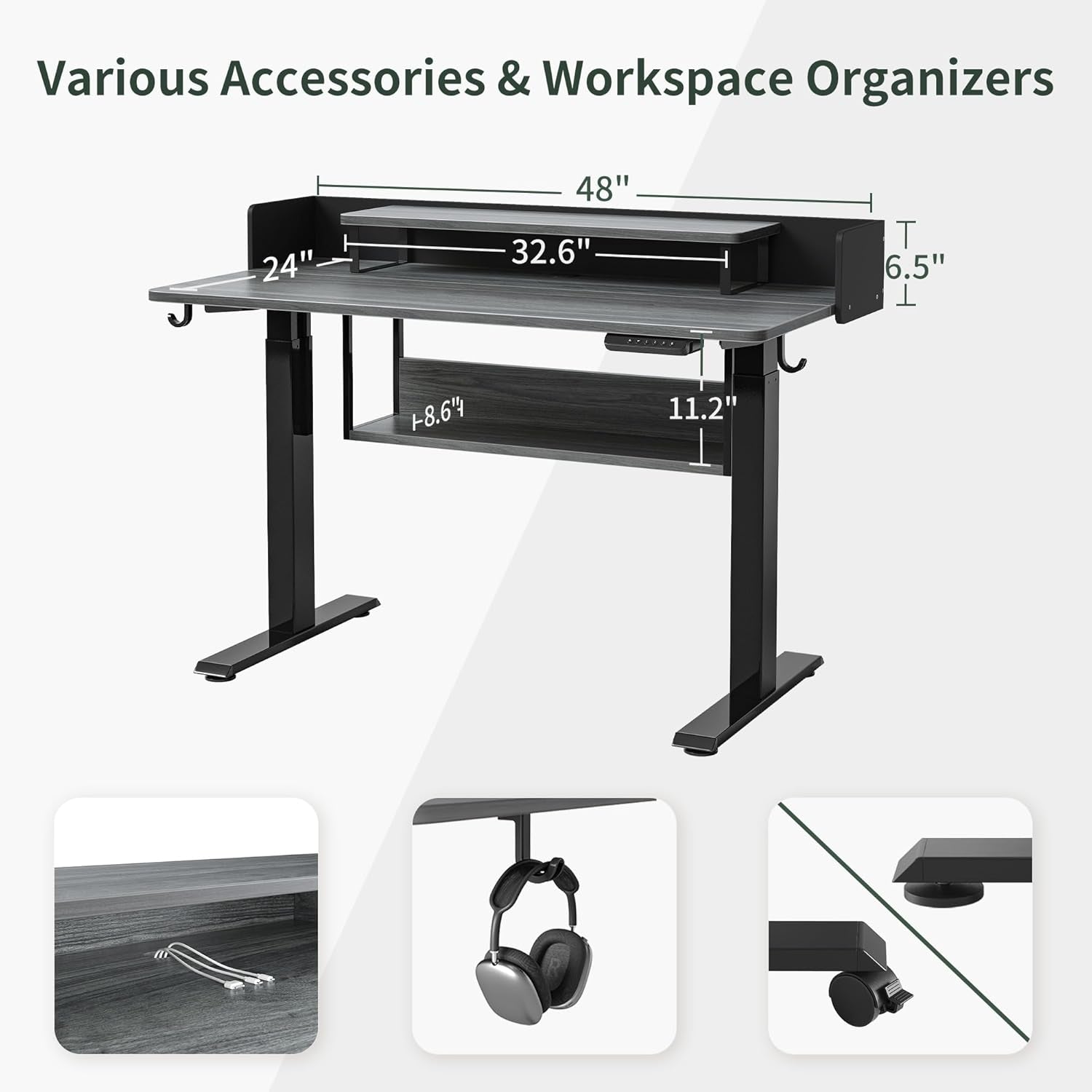 48" Electric Standing Desk with Shelves, 48 X 24 Inch Sit Stand Rising Desk with Monitor Stand and Storage, Ergonomic Home Office Computer Desk, Rustic