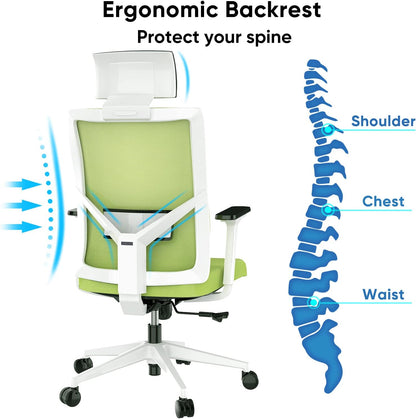 Ergonomic Office Chair, Home Office Desk Chairs Flip up Arms with Wheels Adjustable Armrest Mesh High Back Lumbar Headrest Support for Adults Green Comfy Swivel Big Tall Executive, Green