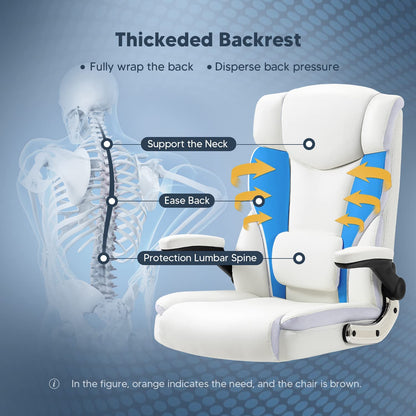 Ergonomic Executive Office Chair High Back PU Leather Computer Desk Chairs with Wheels and Flip-Up Arms, Adjustable Headrest, Tilt and Lumbar Support, White