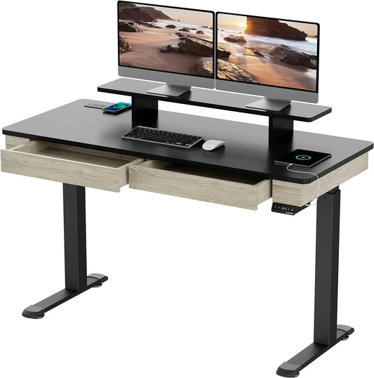 Electric Standing Desk with Drawers, 55 Inch Dual Motor Height Adjustable Stand up Desk for Home Office with Built-In Outlet, Wireless Charger, USB Port, Oak Grey