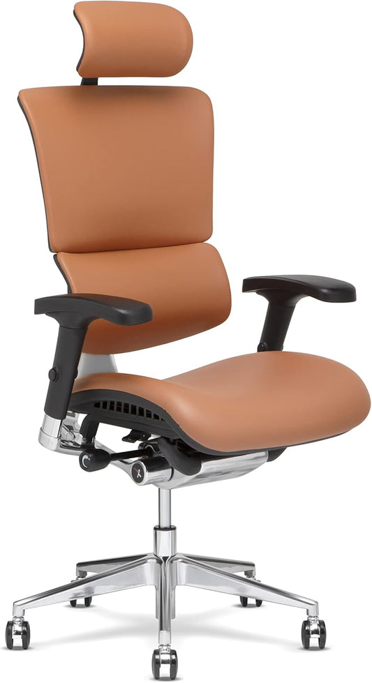 X4 High End Executive Chair, Cognac Leather with Headrest - Ergonomic Office Seat/Dynamic Variable Lumbar Support/Floating Recline/Stunning Aesthetic/Adjustable/Perfect for Office or Boardroom
