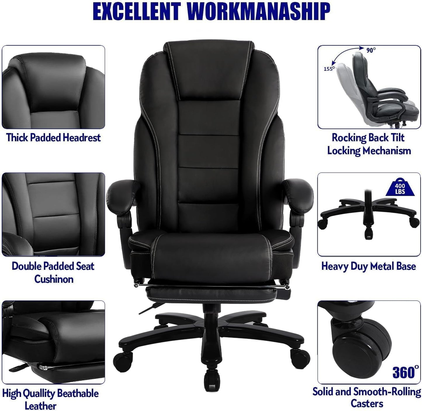 Big and Tall High Back 400LBS Reclining Office Chair with Footrest - Executive Computer Chair Home Office Desk Chair Heavy Duty Metal Base, Ergonomic Support Function Black