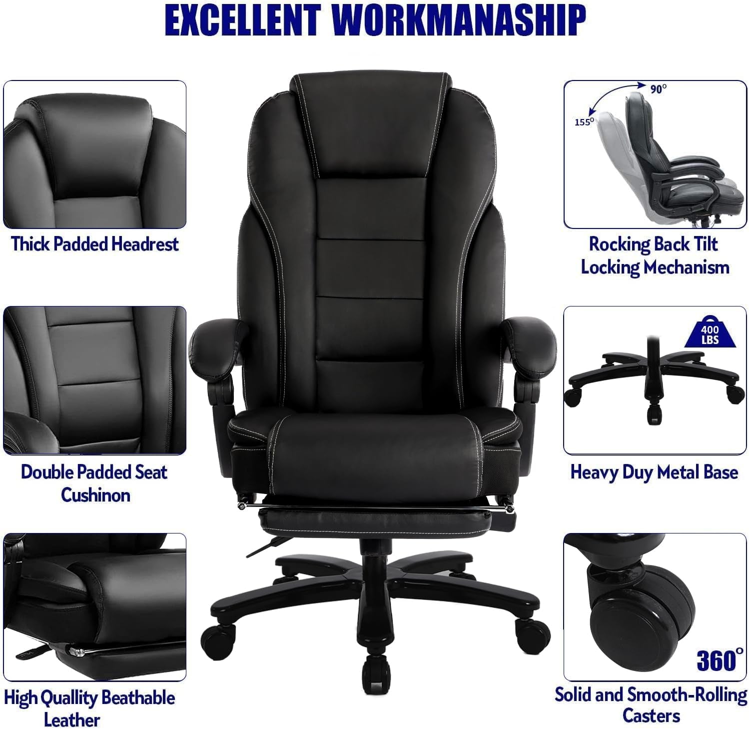 Big and Tall High Back 400LBS Reclining Office Chair with Footrest - Executive Computer Chair Home Office Desk Chair Heavy Duty Metal Base, Ergonomic Support Function Black