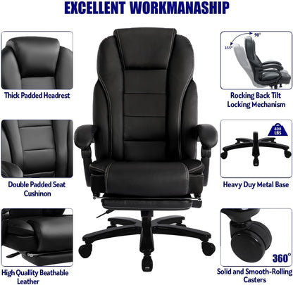 Big and Tall High Back 400LBS Reclining Office Chair with Footrest - Executive Computer Chair Home Office Desk Chair Heavy Duty Metal Base, Ergonomic Support Function Black