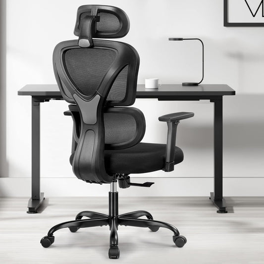Ergonomic Office Chair, Home Desk Chair, Comfy Breathable Mesh Task High Back Thick Cushion Computer Chair with Headrest and 3D Armrests, Adjustable Height Home Gaming Chair (Black)