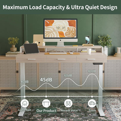 Electric Standing Desk with Drawers, 48X24 Inch Standing Desk Adjustable Height, Stand up Desk with Monitor Shelf, Sit Stand Home Office Desk, Light Walnut