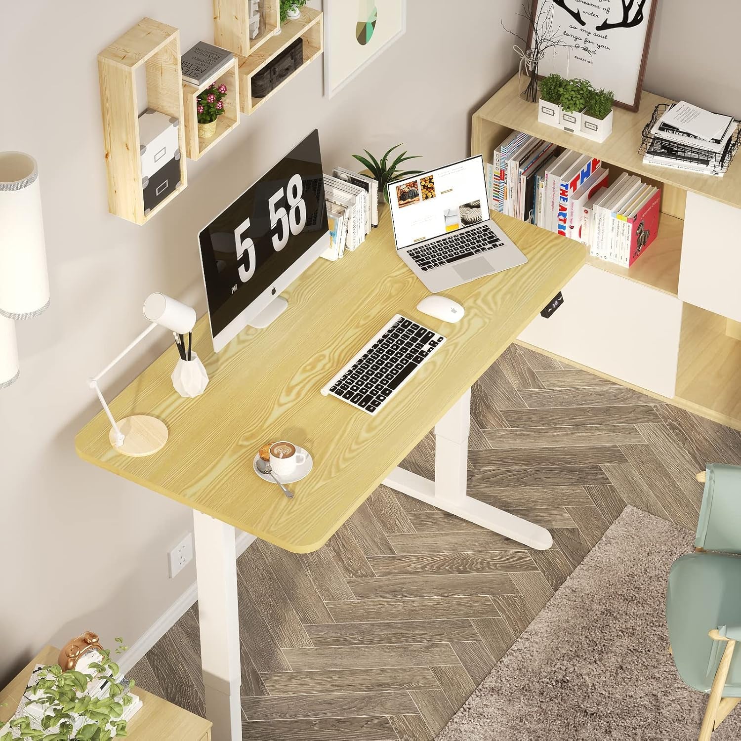 Height Adjustable Electric Standing Desk - 47 X 24 Inch Whole Piece Top Sit Stand Desk Computer Desk - Stand up Desk for Home Office (White Frame + Wood Grain Top)