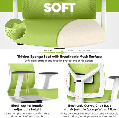 Ergonomic Office Chair, Home Office Desk Chairs Flip up Arms with Wheels Adjustable Armrest Mesh High Back Lumbar Headrest Support for Adults Green Comfy Swivel Big Tall Executive, Green