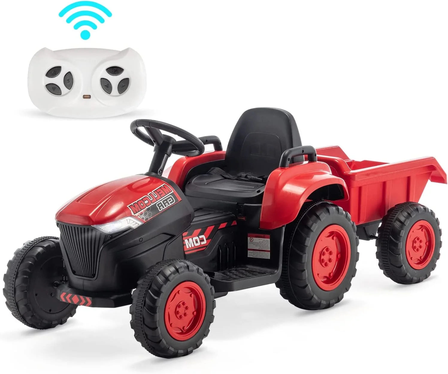 Kids Ride on Tractor with Remote Control, 12V Battery Powered Electric Tractor with 30W Dual Motors/Cool Lights/Bluetooth Music for Kids, Red