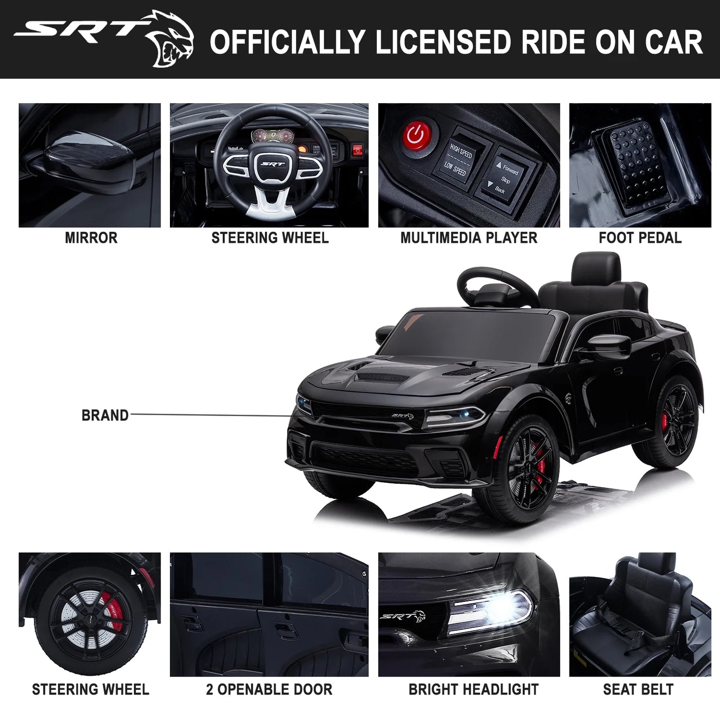 Black 12 V Dodge Charger SRT Hellcat Battery Powered Ride on Cars with Remote Control, Bluetooth, LED Light and MP3 Player