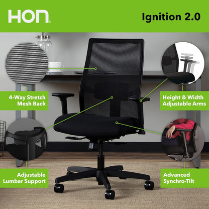 Office Chair Ignition 2.0 - Ergonomic Computer Desk Chair with Mesh Back, Seat-Slide, Syncro Tilt Recline, Adjustable Lumbar Support & Armrests, Comfortable Cushion, Swivel Rolling Wheels - Fog