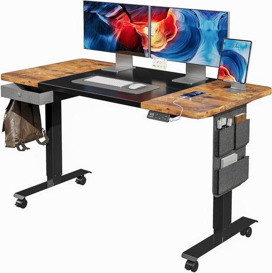 Standing Desk, Adjustable Height Electric Stand up Desk with Drawers, Storage Bag, Cable Management Tray, Ergonomic Computer Desk for Home Office, 55 X 28 Inches, Rustic Brown+Black Top