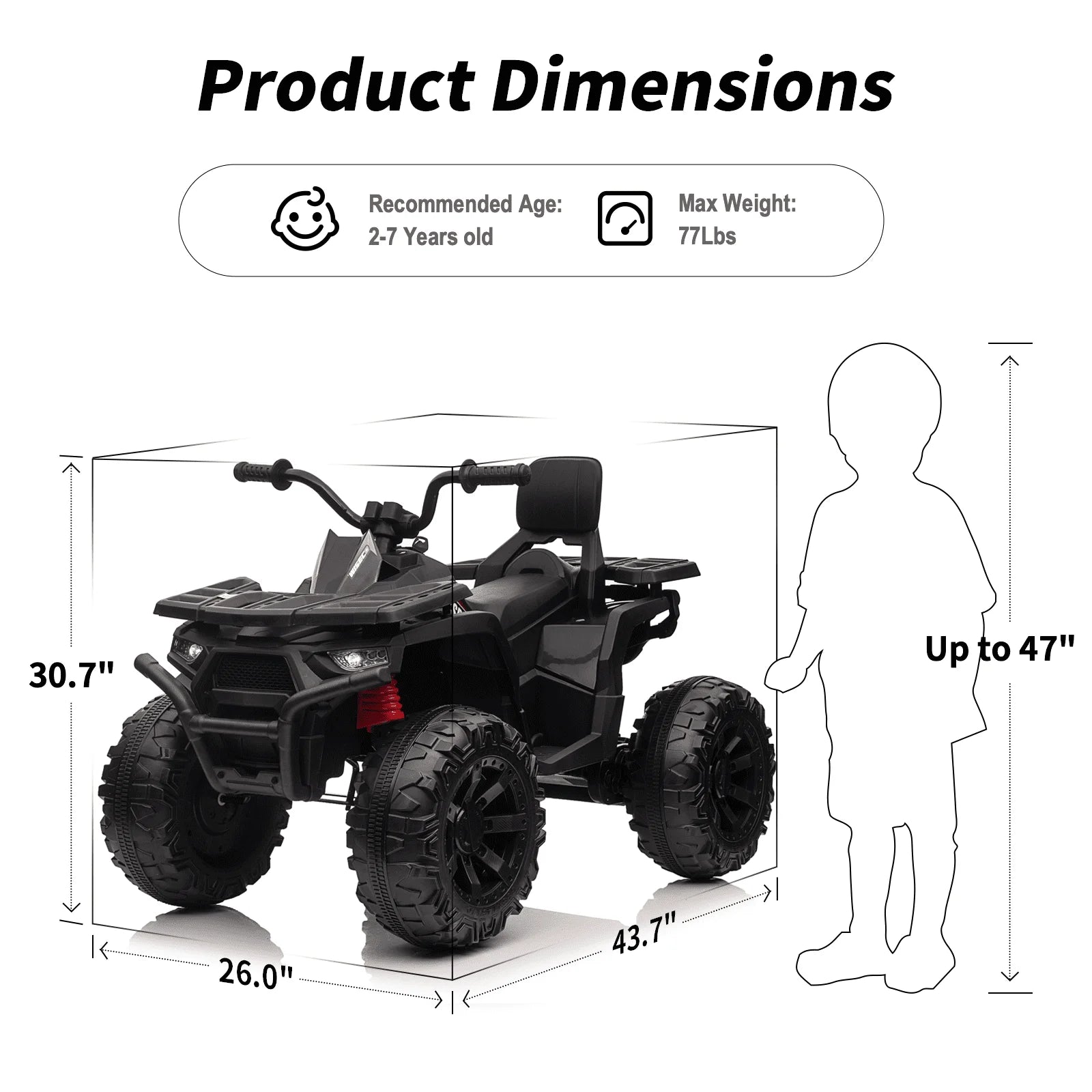 24V Ride on Toys, Kids ATV 4-Wheeler for Big Kids with 2 Seater, 400W Motor, Bluetooth - Black
