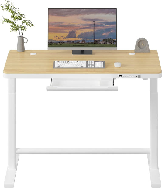 Electric Standing Desk with Drawers, Height Adjustable Sit Stand Desk with Drawer, Home Office Desk Storage & USB Ports, 45 X 23 Inch Maple Desktop/White Frame