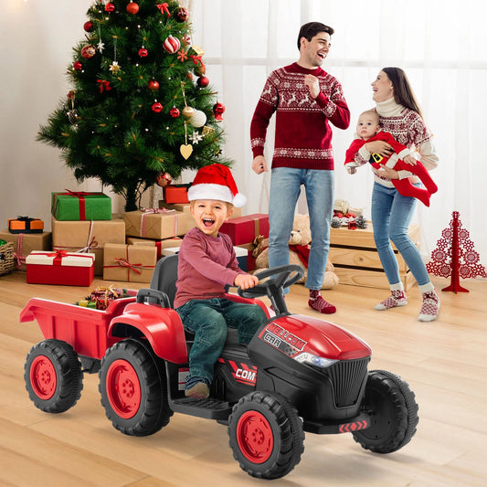 Kids Ride on Tractor with Remote Control, 12V Battery Powered Electric Tractor with 30W Dual Motors/Cool Lights/Bluetooth Music for Kids, Red